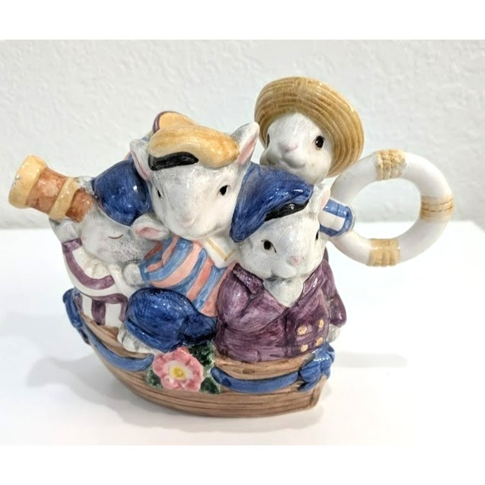 Fitz & Floyd Bustles and Beaus Bunny Rabbit Creamer Boat Bows Flowers Hats Coats